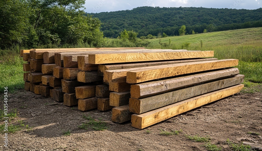 Rustic Wooden Beams Stacked Outdoors in a Rural Setting, Showing Natural Wood Grain and Texture, Ideal for Construction Projects. Rustic Wooden Beams Stacked Outdoors in a Rural Setting, Showing Natural Wood Grain and Texture, Ideal for Construction Projects.