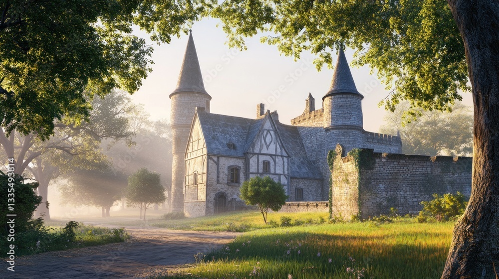 Fototapeta premium Enchanted Medieval Castle in a Serene Forest Setting with Sunlit Pathway and Lush Greenery
