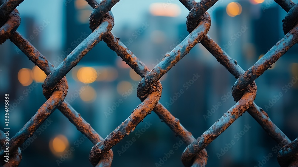 Weathered Chain-Link Fence Reveals Urban Skyline at Dusk With Captivating Bokeh Lights Weathered Chain-Link Fence Reveals Urban Skyline at Dusk With Captivating Bokeh Lights