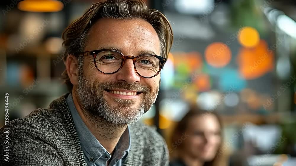 Smiling man in glasses enjoying coffee at a cozy café with blurred background activity Smiling man in glasses enjoying coffee at a cozy café with blurred background activity