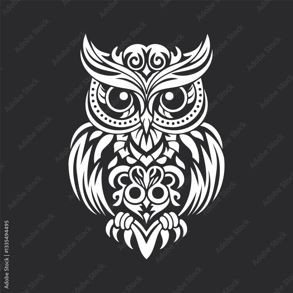 Obraz premium Owl Illustration. A highly detailed black and white owl illustration featuring intricate patterns and ornamental elements. For tattoos, wall art, or digital design projects.