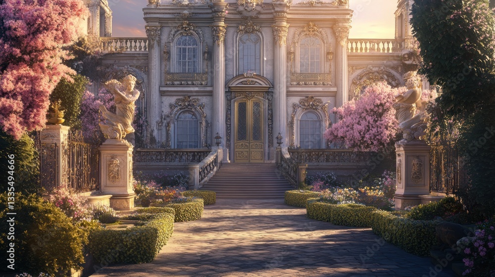 Fototapeta premium Elegant Mansion Entrance with Lush Gardens and Ornate Statues