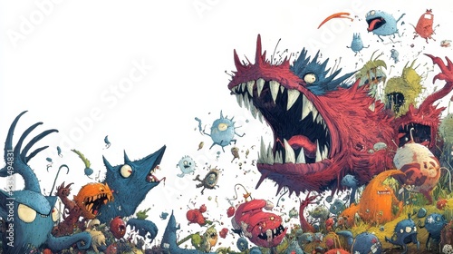 A chaotic illustration featuring many cartoonish and bizarre monsters