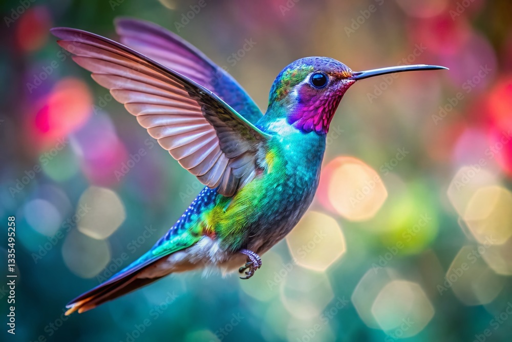Fototapeta premium Vibrant Hummingbird in Flight, Colorful Plumage, Long Beak, Nature Photography