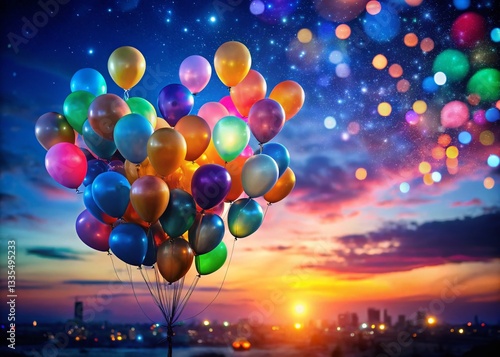 Vibrant Helium Balloons Float in Twilight Blue Sky Festive Celebration