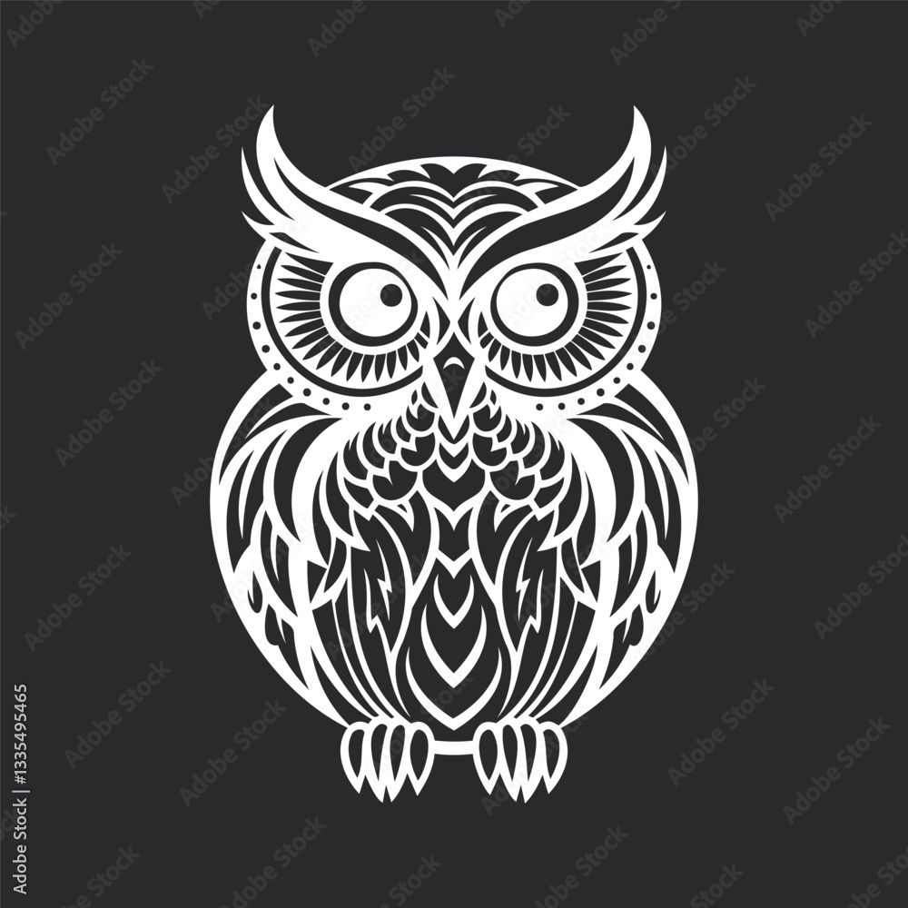 Fototapeta premium Owl Illustration. A highly detailed black and white owl illustration featuring intricate patterns and ornamental elements. For tattoos, wall art, or digital design projects.