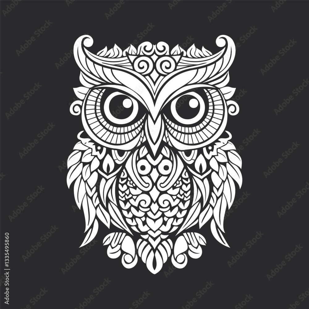 Fototapeta premium Owl Illustration. A highly detailed black and white owl illustration featuring intricate patterns and ornamental elements. For tattoos, wall art, or digital design projects.