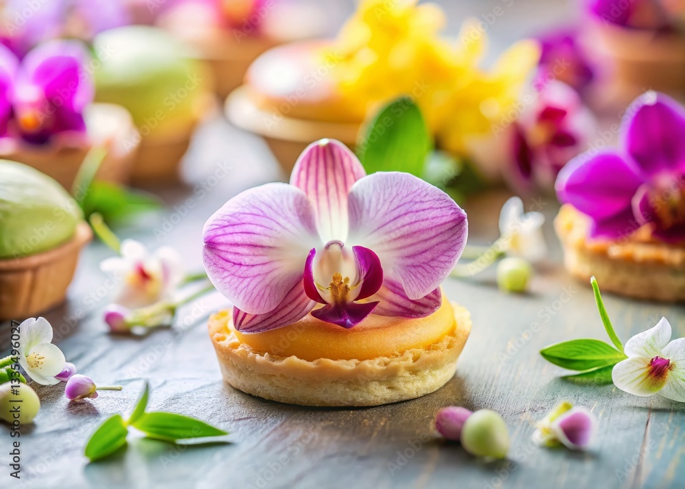 Vibrant Orchid Blossom with Edible Flowers & Delicate Pastry, Gourmet Food Photography Vibrant Orchid Blossom with Edible Flowers & Delicate Pastry, Gourmet Food Photography