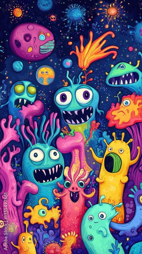 Colorful cartoon monsters with expressive faces occupy a starry background Colorful cartoon monsters with expressive faces occupy a starry background