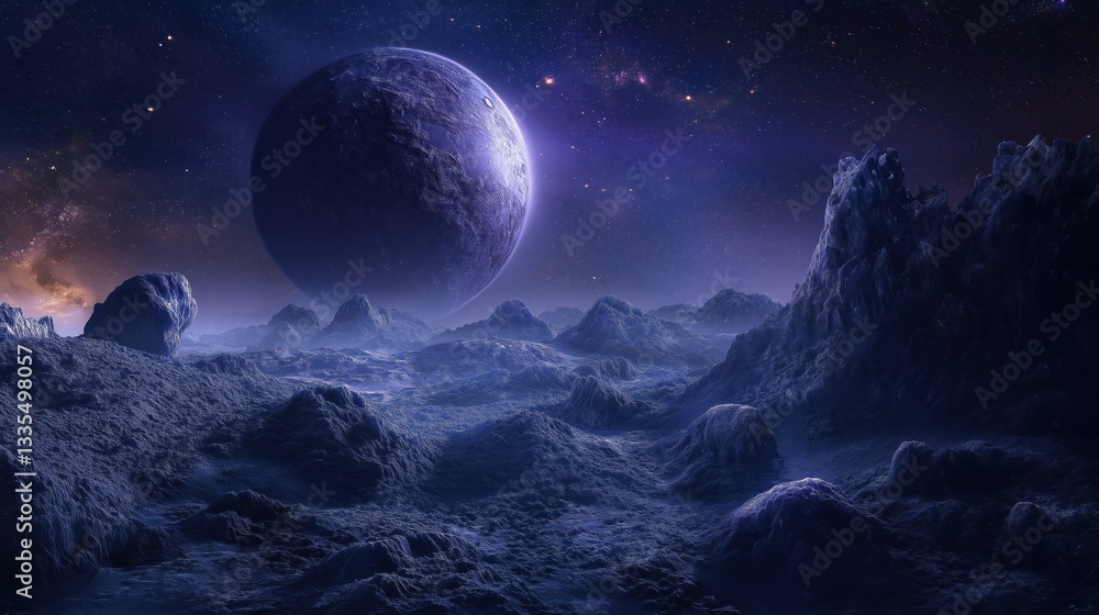 dark space landscape, featuring a planet with a rugged, cratered surface, surrounded by a field of asteroids and comets in various states of decay, lit by distant star-like objects, with deep blues, p dark space landscape, featuring a planet with a rugged, cratered surface, surrounded by a field of asteroids and comets in various states of decay, lit by distant star-like objects, with deep blues, p