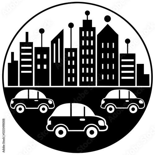  Smart city with self driving cars  silhouette vector illustration 