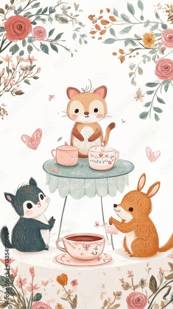 Naklejka premium Three cute animal friends gather around a floral table enjoying tea