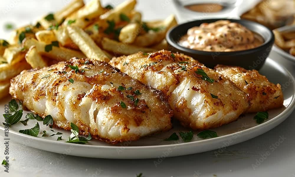Deliciously Fried Cod Fillets Served with Crispy French Fries and Creamy Dip on a White Plate with Fresh Parsley Garnish Deliciously Fried Cod Fillets Served with Crispy French Fries and Creamy Dip on a White Plate with Fresh Parsley Garnish