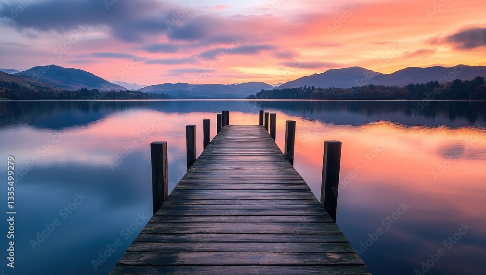 Serene Sunset: Wooden Dock Extends to Peaceful Lake with Mountain Reflections, Inspiring Tranquility Serene Sunset: Wooden Dock Extends to Peaceful Lake with Mountain Reflections, Inspiring Tranquility