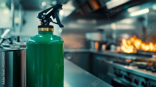 Extinguishing flames green class k fire extinguisher commercial kitchen gigapixel image safety environment close-up view fire prevention