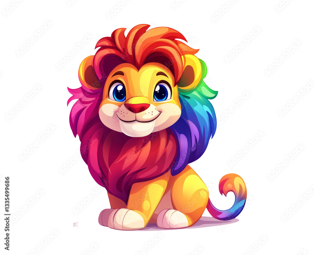 Colorful Cartoon Lion Character with Rainbow Mane and Happy Expression Colorful Cartoon Lion Character with Rainbow Mane and Happy Expression