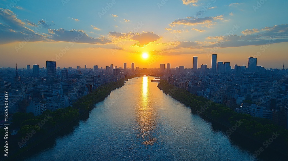 Fototapeta premium Cityscape view at sunset with river reflecting light, buildings, and blue sky
