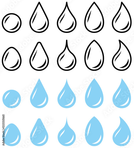 様々な形の水滴、雫のベクターイラストのセット