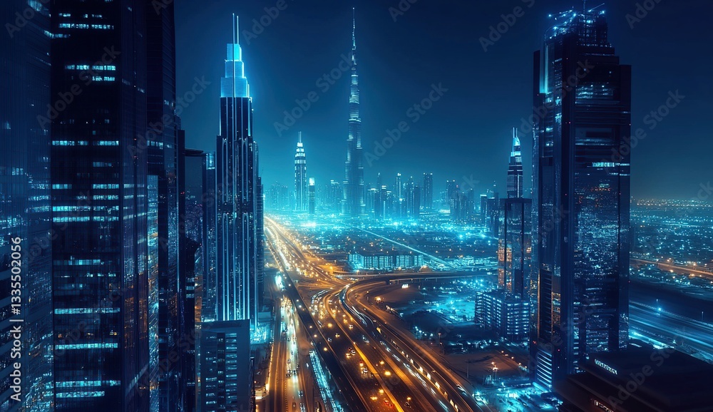 Fototapeta premium Night Cityscapes: Illuminating Urban Architecture and Skylines at Night with Stunning Visuals