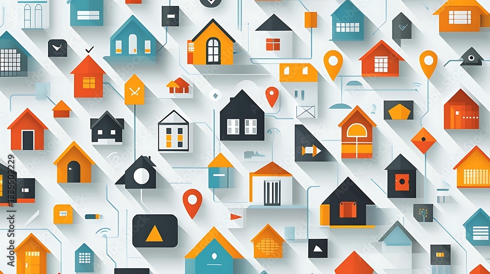 Modern Housing Network. A flat design illustration of numerous connected homes, highlighted by colorful icons and interconnected lines Modern Housing Network. A flat design illustration of numerous connected homes, highlighted by colorful icons and interconnected lines