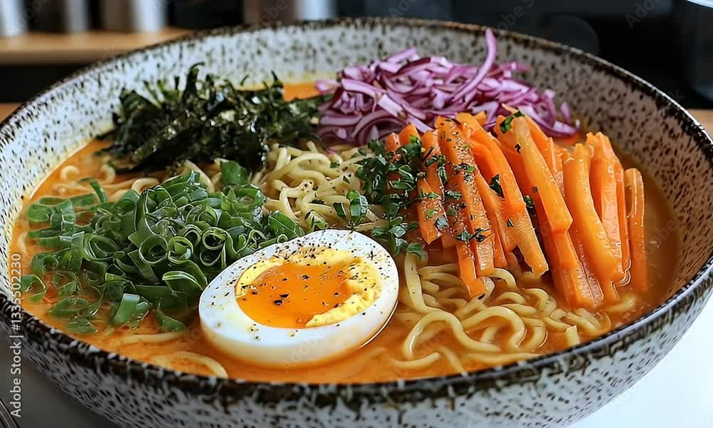 Delicious Ramen Bowl with Soft Boiled Egg and Fresh Vegetables in a Beautifully Designed Ceramic Dish