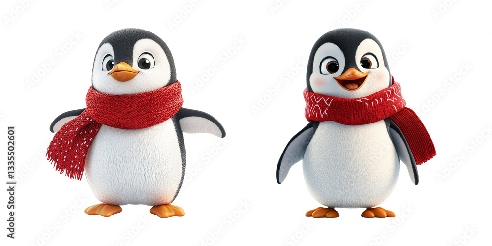 Fototapeta premium Cute Animated Penguins Wearing Red Scarves in Playful Poses