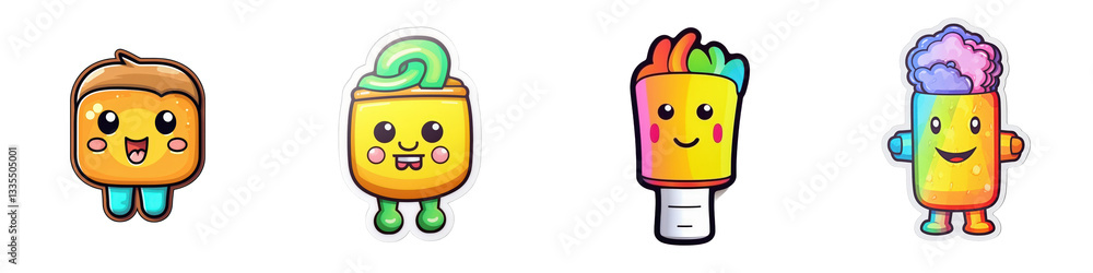 Colorful, cute, smiling food characters against white background isolated on white or transparent Colorful, cute, smiling food characters against white background isolated on white or transparent