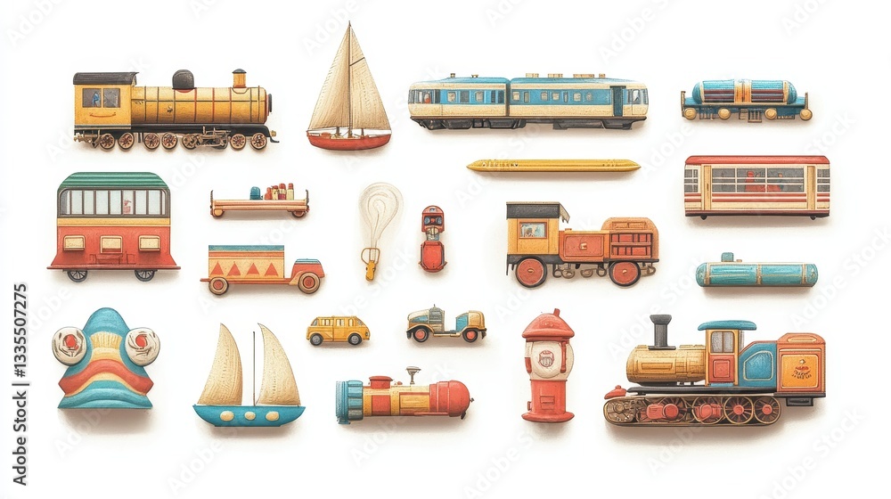 Naklejka premium Illustrated assortment of toy vehicles and transportation methods arranged together