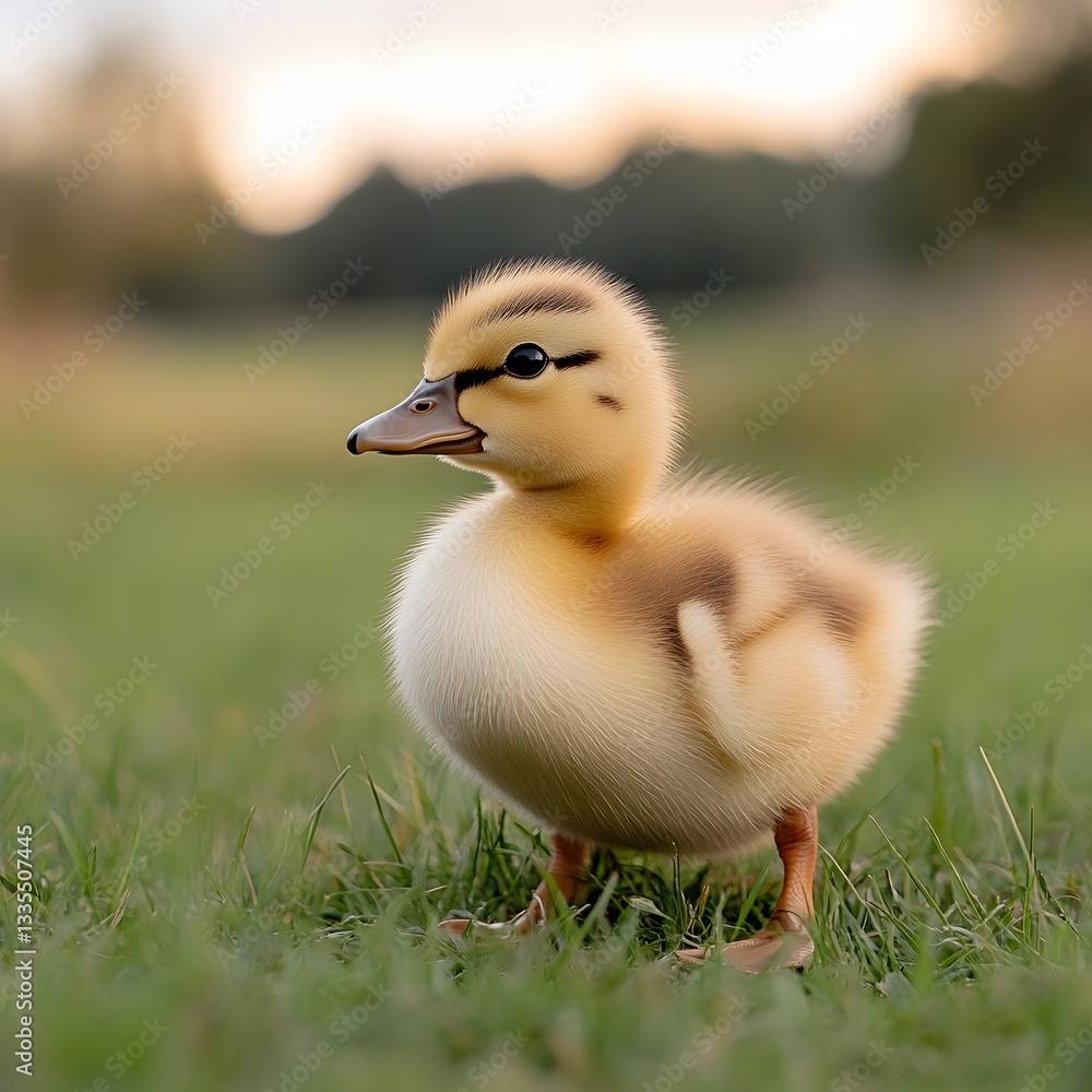 Fluffy duckling standing in grassy field, sunset background, nature imagery Fluffy duckling standing in grassy field, sunset background, nature imagery