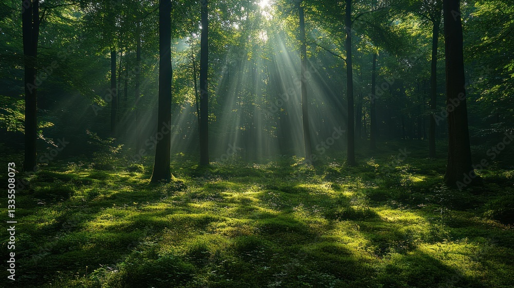 Obraz premium Sunlight streams through misty forest floor