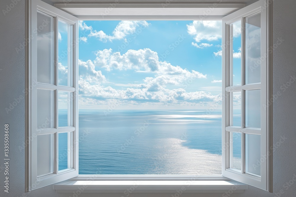Obraz premium Stunning ocean view from open house window showcasing sea horizon and cloudy sky through frame