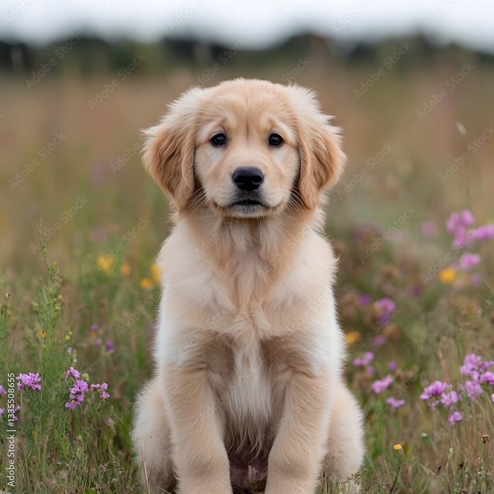 Golden Retriever puppy sitting in wildflowers, field background, pet portrait Golden Retriever puppy sitting in wildflowers, field background, pet portrait