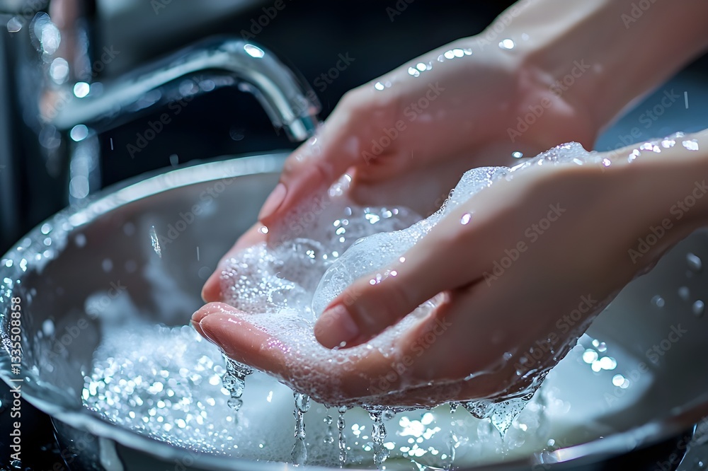 Fototapeta premium A person washes his hands with soap and water under the tap, hand washing