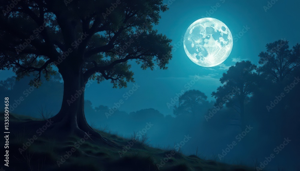 Fototapeta premium Eerie moonlight bathes ancient trees, shadows dance , night sky, insects, canopy