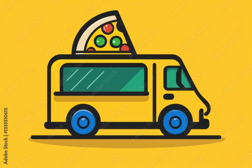 Food Truck with Pizza Slice A Vibrant Yellow Mobile Kitchen for Catering and Events Food Truck with Pizza Slice A Vibrant Yellow Mobile Kitchen for Catering and Events