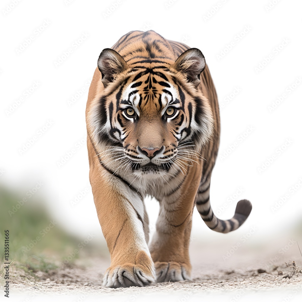 Obraz premium Majestic tiger walking toward camera on path, blurred background, wildlife photography