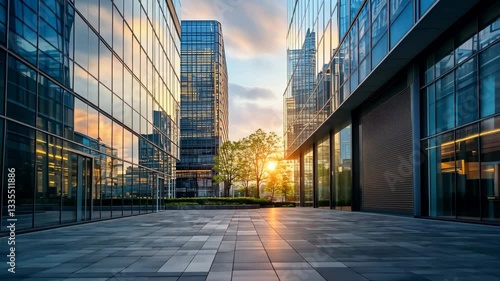 Modern Glass Skyscrapers Reflecting Sunset Create Serene Urban Landscape with Tranquil Plaza in City Center