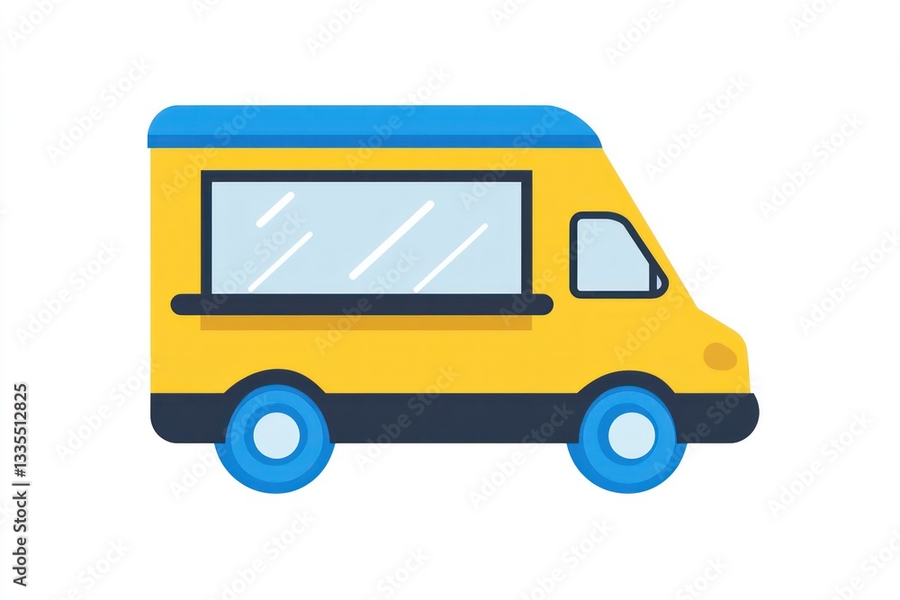 A vibrant yellow food truck with blue wheels and a serving window ideal for street food events A vibrant yellow food truck with blue wheels and a serving window ideal for street food events