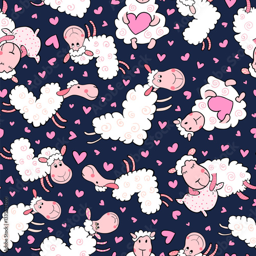 Cute sheep vector seamless pattern, hand drawn farm animal and hearts