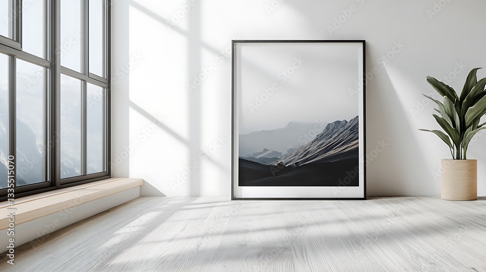 Serene Mountain Landscape Print in Minimalist Interior Serene Mountain Landscape Print in Minimalist Interior