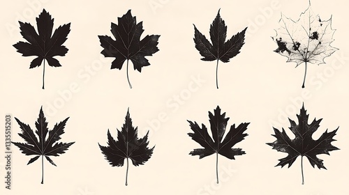 Eight monochrome maple leaves, various stages of decay.