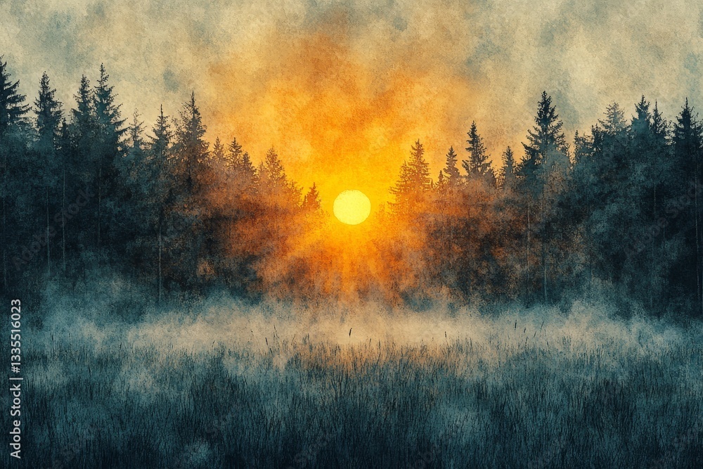 Fototapeta premium Misty Meadow at Dawn, Green meadows