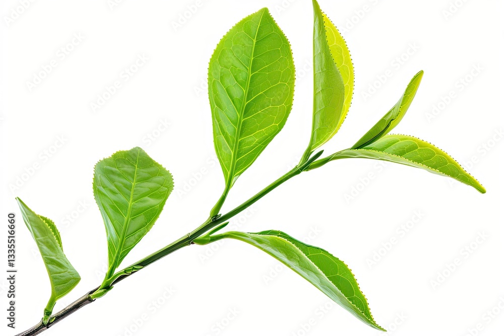 Sharp Image of Young Green Tea Leaves Isolated on a White Background Sharp Image of Young Green Tea Leaves Isolated on a White Background