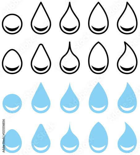様々な形の水滴、雫のベクターイラストのセット