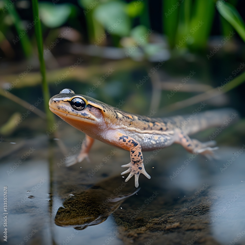 Fototapeta premium Salamander wading shallow water, lush foliage background, wildlife photography