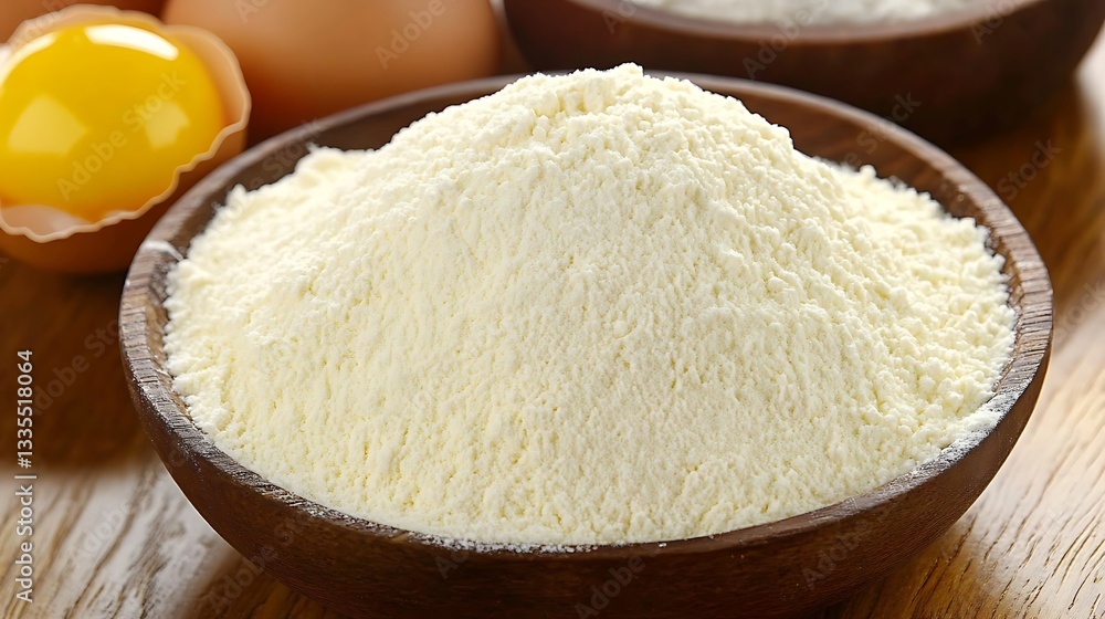Close-up of a Wooden Bowl Filled with Flour, Eggs and Flour in the Background Close-up of a Wooden Bowl Filled with Flour, Eggs and Flour in the Background