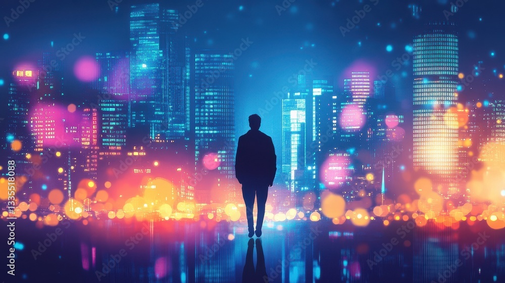 A silhouetted person standing before a vibrant illuminated cityscape A silhouetted person standing before a vibrant illuminated cityscape