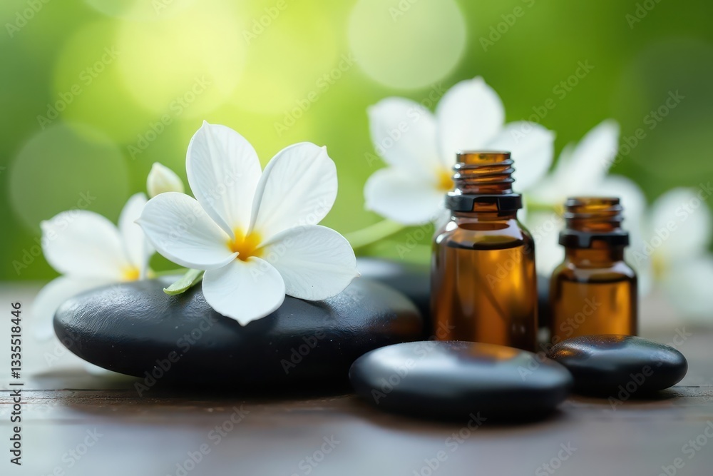 White blossoms, smooth stones, essential oils, spa setting, tranquility, image White blossoms, smooth stones, essential oils, spa setting, tranquility, image
