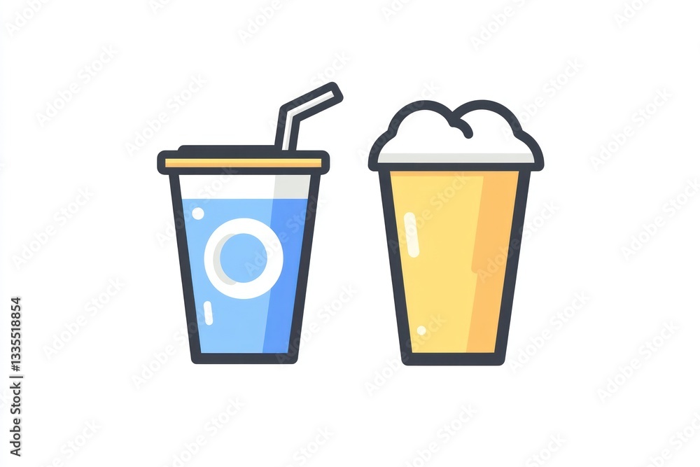 Refreshing Beverages Blue Drink with Straw and Frothy Yellow Beverage in Cups Refreshing Beverages Blue Drink with Straw and Frothy Yellow Beverage in Cups