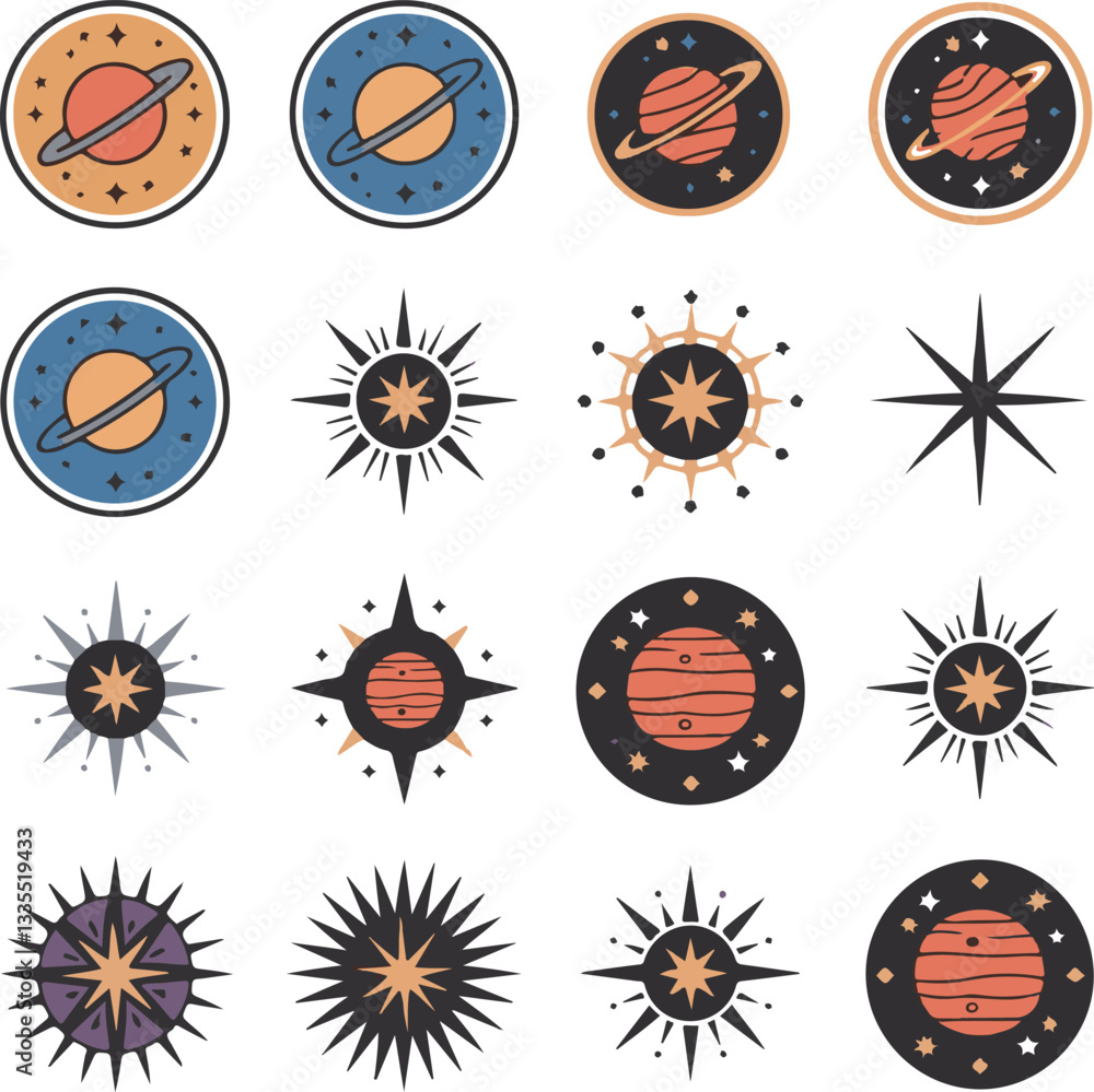 Galaxy signs with Orbitz planets in round icon vector illustration on white background Galaxy signs with Orbitz planets in round icon vector illustration on white background
